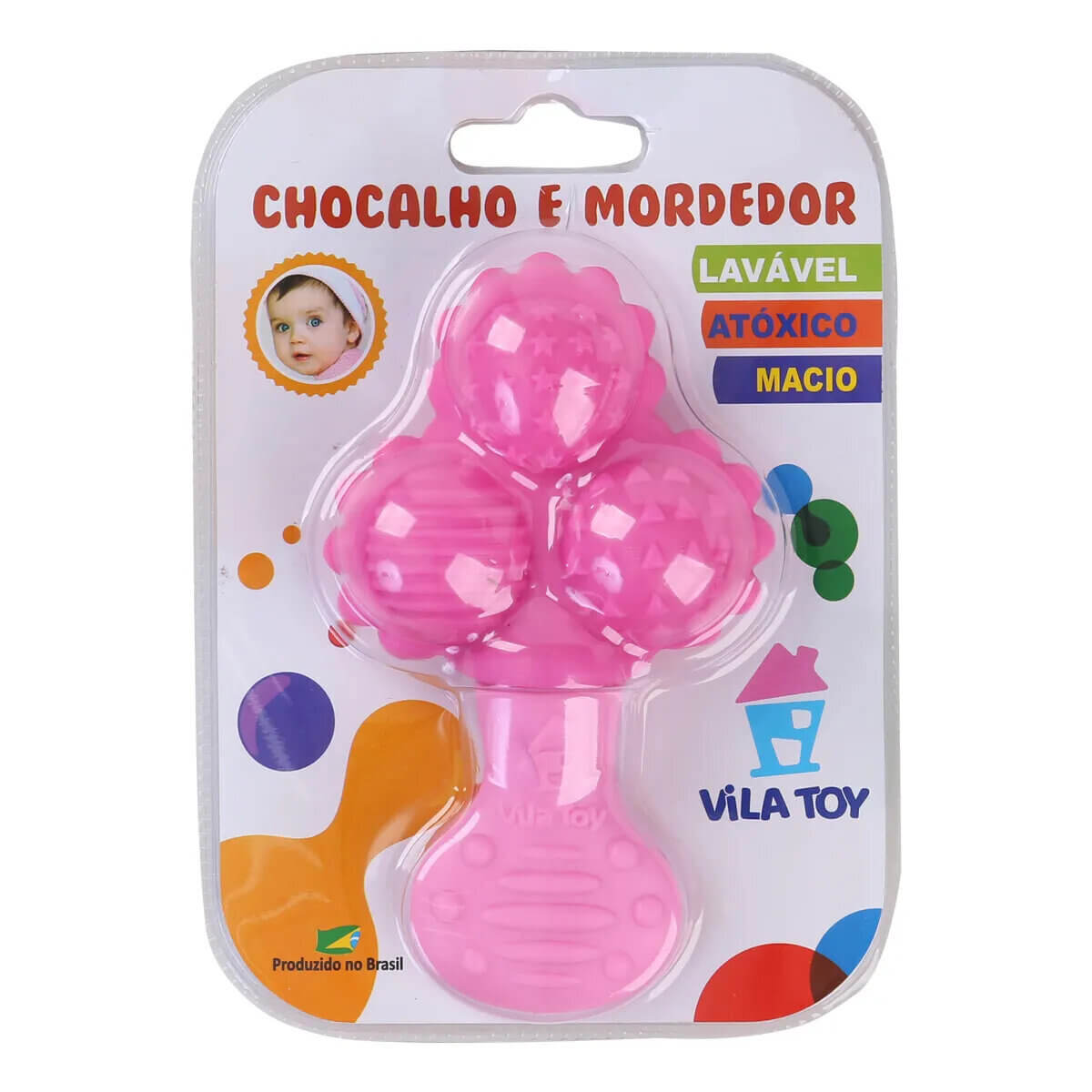 Chocalho Vila Toy Com 3 Bolas Com Mordedor Rosa  Chocalho Vila Toy Com 3 Bolas Com Mordedor Rosa