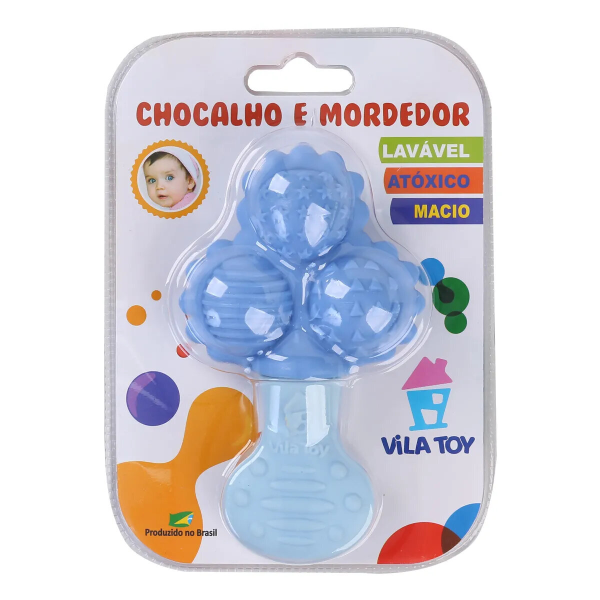 Chocalho Vila Toy Com 3 Bolas Com Mordedor Azul Chocalho Vila Toy Com 3 Bolas Com Mordedor Azul