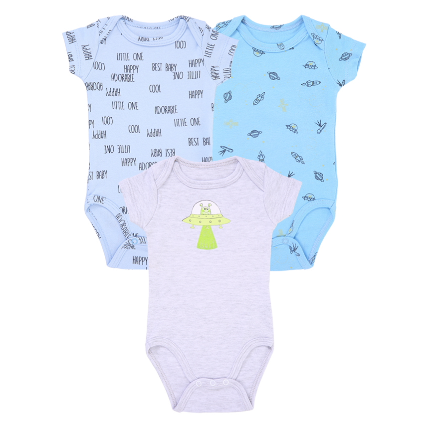 Kit Body Manga Curta Fakini 03 Peças Em Suedine Estampa Space