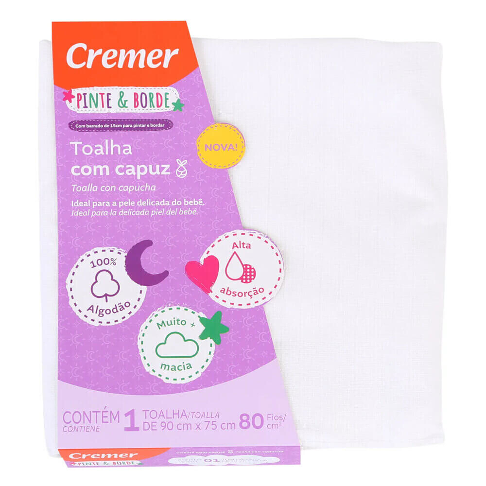 Toalha De Banho Cremer Com Capuz Pinte E Borde Branco 90x75