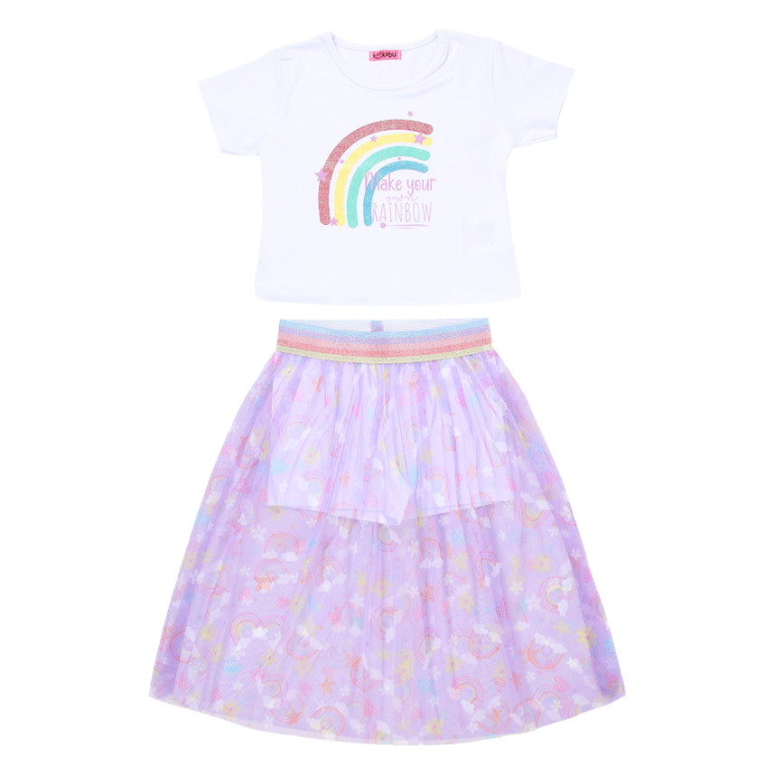 Conjunto Infantil Kookabu Blusa Estampa Arco Íris + Shorts Saia Tule