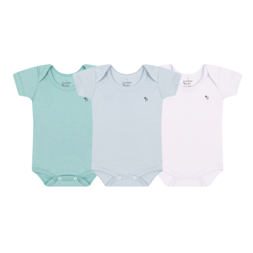 Kit Body Manga Curta Junkes Baby Liso Em Suedine - 03 Peças