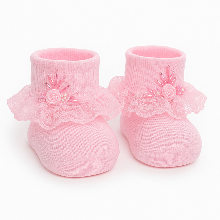 Meia Festa Bebê Everly Bordado Flor