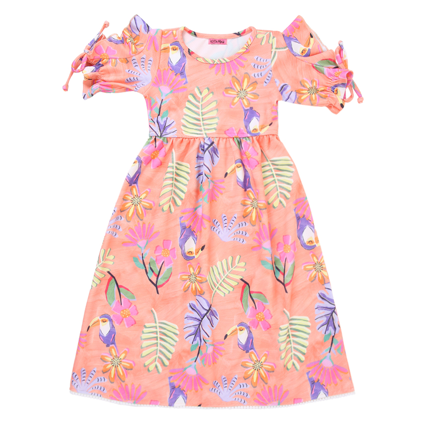 Vestido Infantil Kookabu Amarração Nas Mangas Estampa Tucano Vestido Infantil Kookabu Amarração Nas Mangas Estampa Tucano