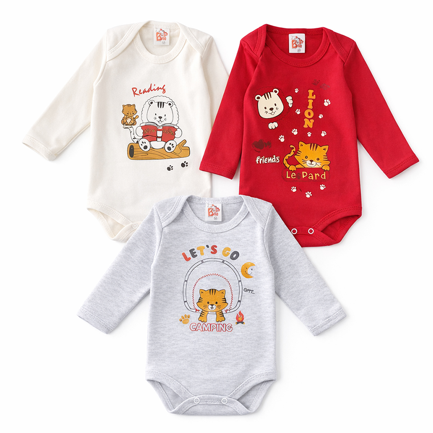 Kit Body Manga Longa Baby Bee Urso Com Cachecol - 03 Peças
