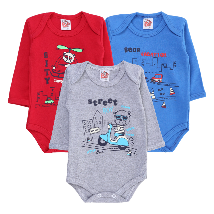 Kit Body Manga Longa Baby Bee Estampa Ursinhos - 03 Peças