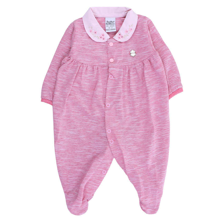 Macacão Longo Bebê Sonho Mágico Gola Bordado Flor
