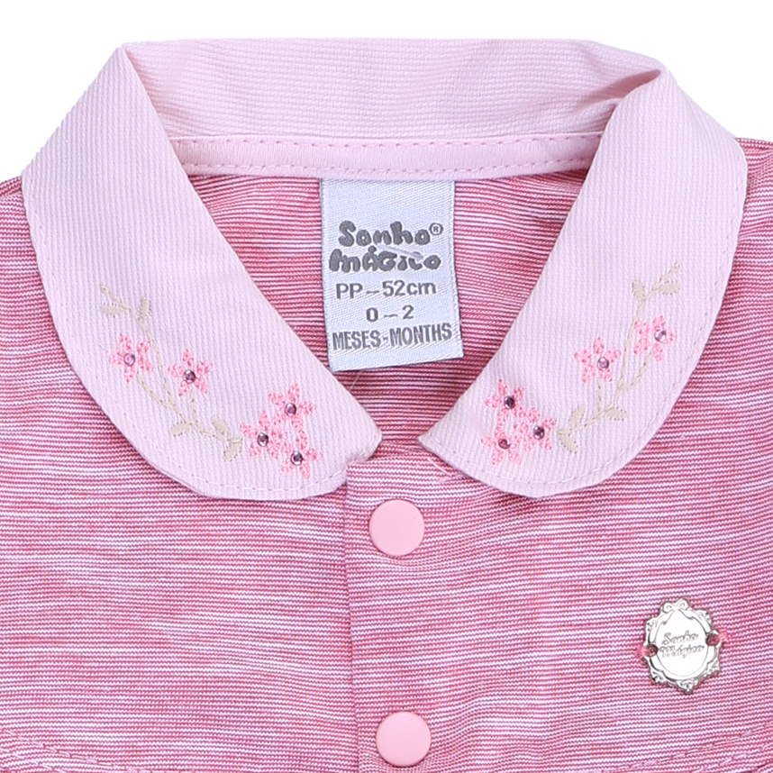 Macacão Longo Bebê Sonho Mágico Gola Bordado Flor