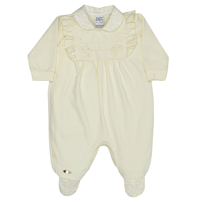 Macacão Longo Bebê Sonho Mágico Detalhe Bordado Flores Macacão Longo Bebê Sonho Mágico Detalhe Bordado Flores