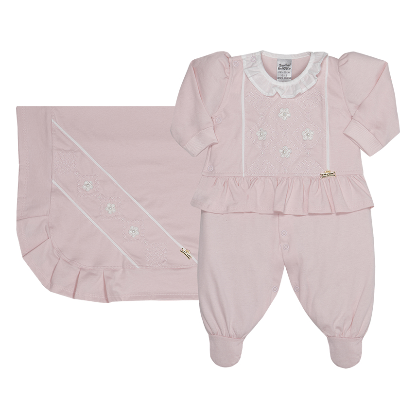 Saída De Maternidade Sonho Mágico Bordado Flores - 2 Peças Saída De Maternidade Sonho Mágico Bordado Flores - 2 Peças