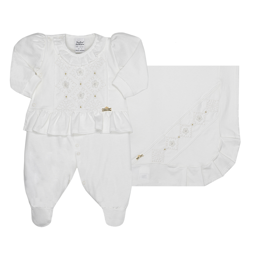 Saída De Maternidade Sonho Mágico Bordado Flores - 2 Peças Saída De Maternidade Sonho Mágico Bordado Flores - 2 Peças