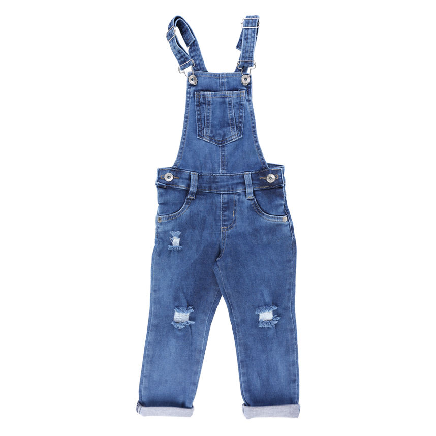 Jardineira Jeans Infantil Color Mini Rasgos E Barra Virada