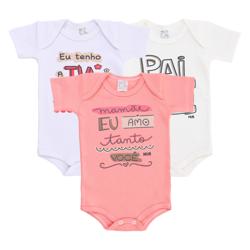 Kit Body Manga Curta Bebê Mub Estampa Família - 3 Peças