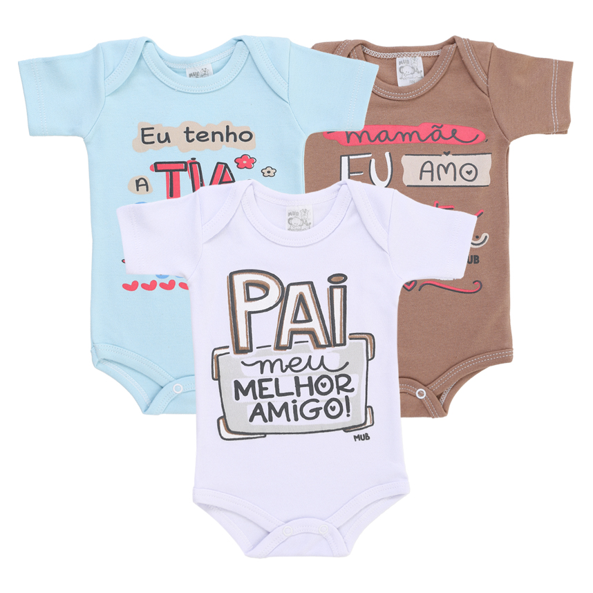 Kit Body Manga Curta Bebê Mub Estampa Família - 3 Peças