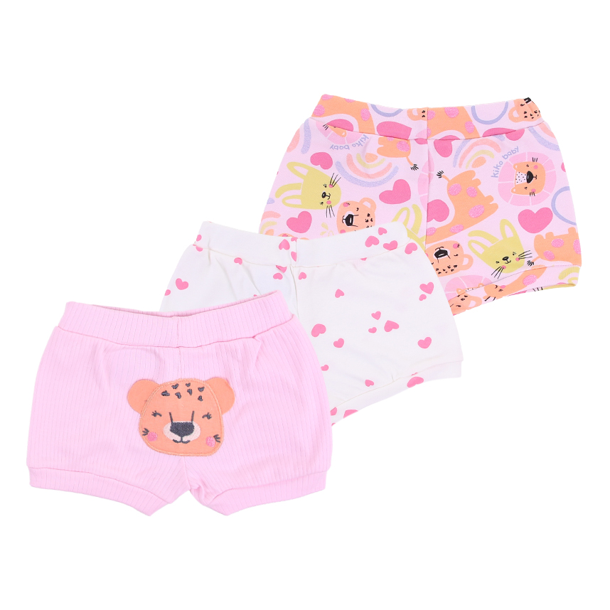 Kit Short Bebê Kiko Baby Suedine Estampa E Bordado - 3 Peças