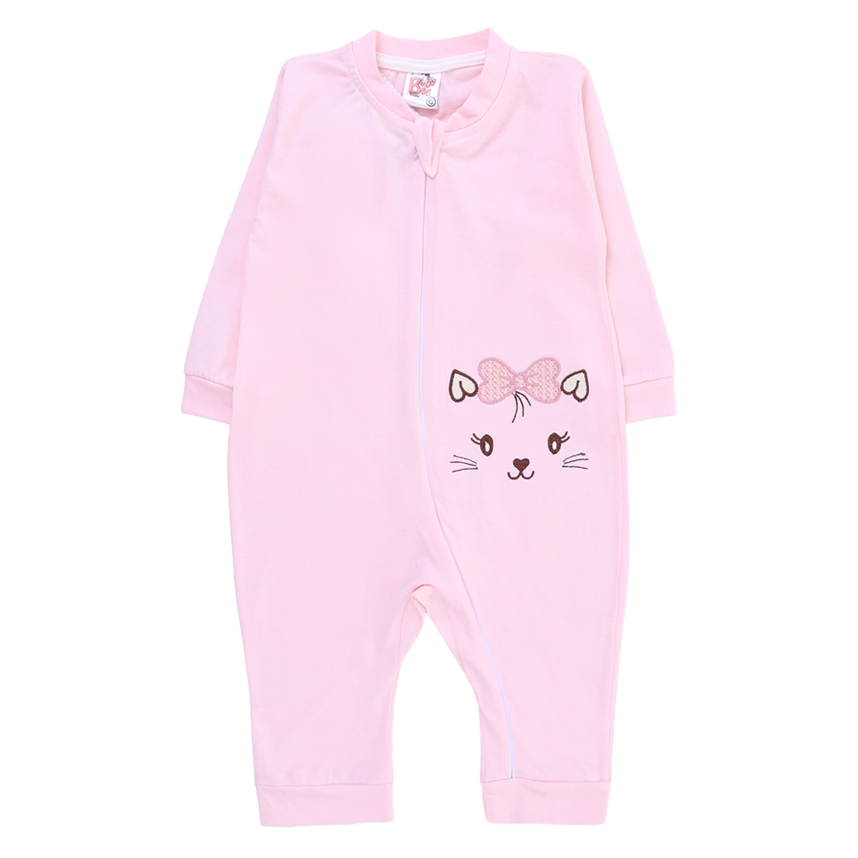 Macacão Longo Bebê Baby Bee Com Zíper E Bordado Gatinha