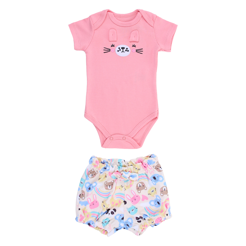 Conjunto Bebê Iaze Body Manga Curta Bordado Gatinho