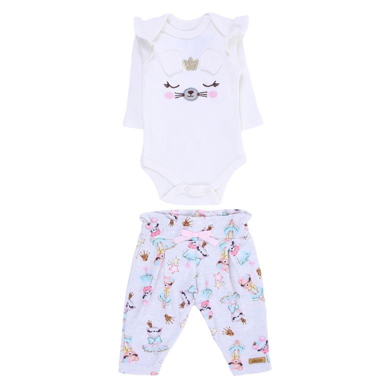 Conjunto Bebê Iaze Body Manga Longa Bordado Ursinha