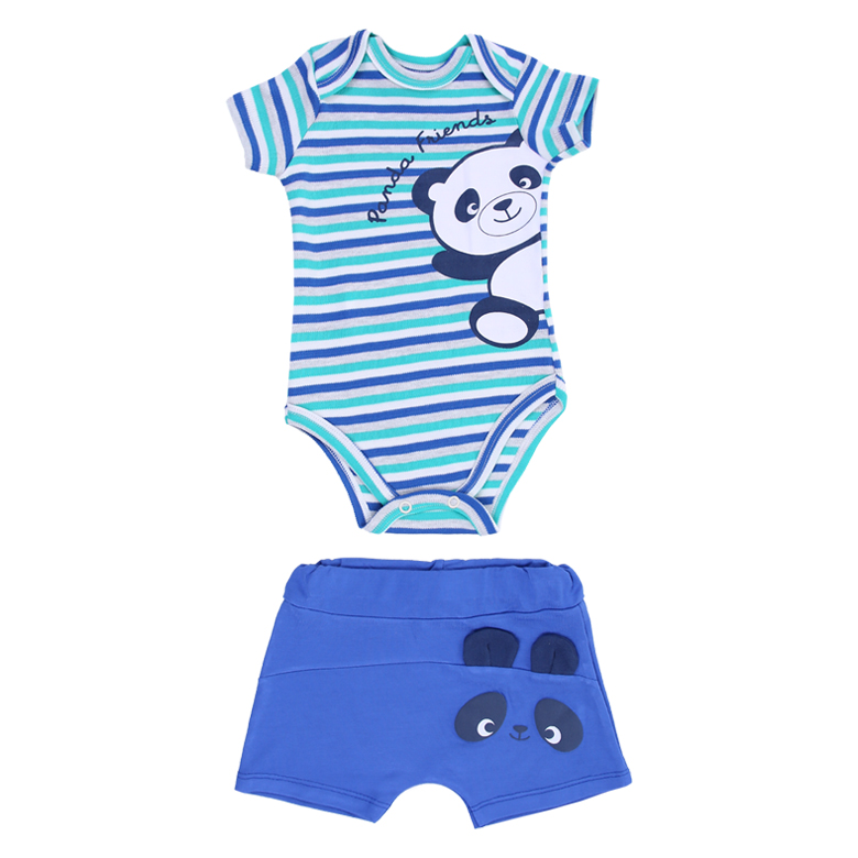 Conjunto Bebê Iaze Body Manga Curta Listrado Estampa Panda