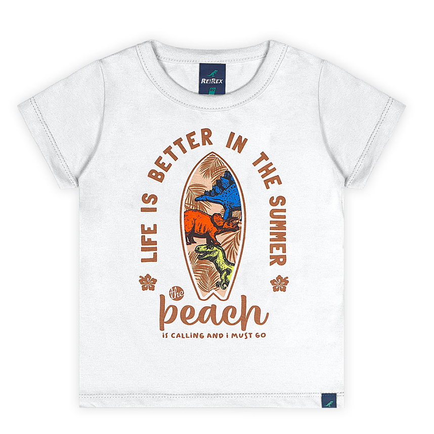 Camiseta Infantil Reirex Meia Malha Estampa Surf Dinossauro