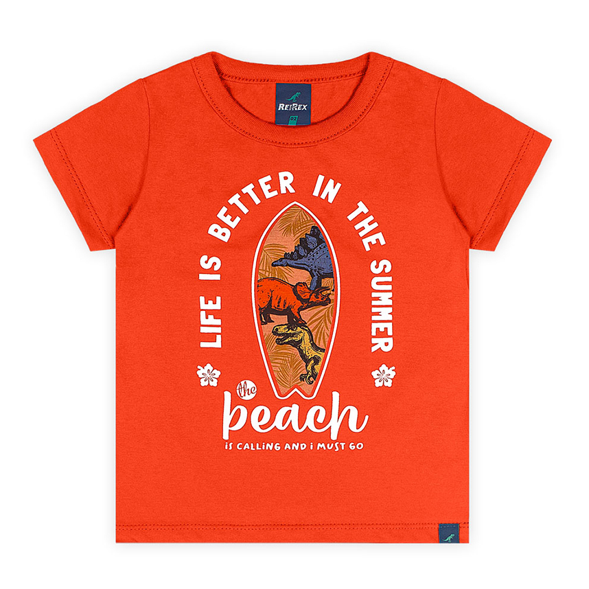 Camiseta Infantil Reirex Meia Malha Estampa Surf Dinossauro