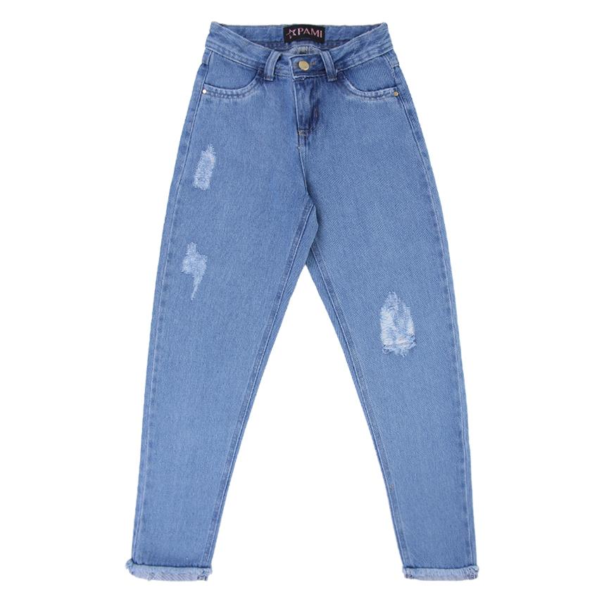 Calça Jeans Juvenil Pami Mom Puídos e Barra Desfiada