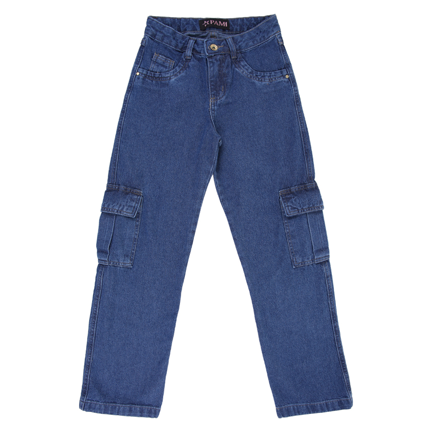 Calça Jeans Juvenil Pami Wide Com Bolso Cargo