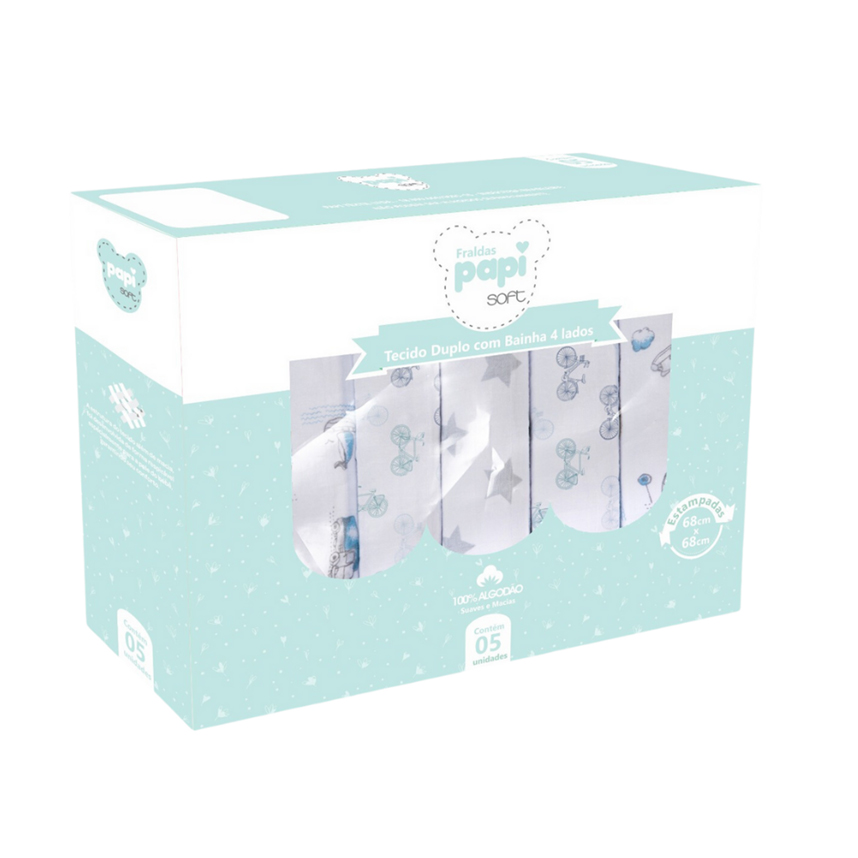 Kit Fralda Papi Soft Com Bainha Estampada - 5 Peças