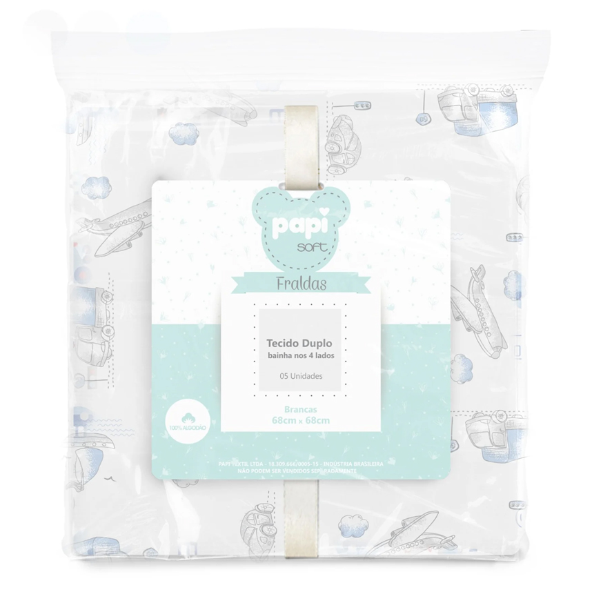 Kit Fralda Papi Soft Com Bainha Estampada - 5 Peças