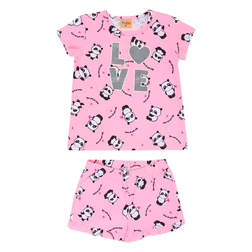 Pijama Curto Infantil Rollu Estampa Panda Com Glitter