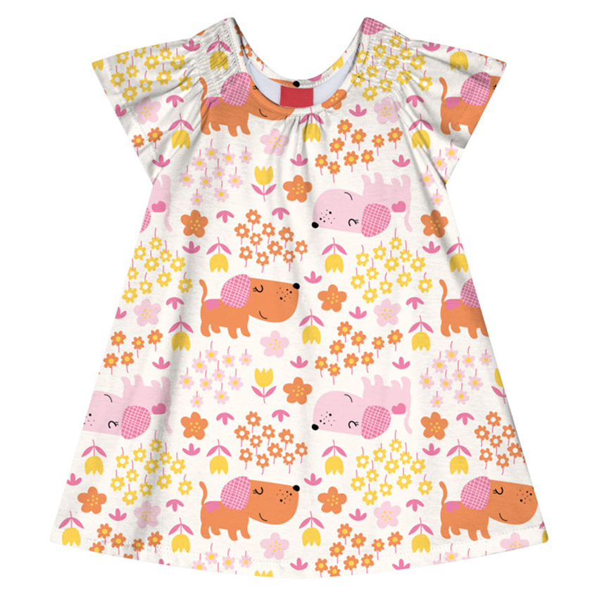 Vestido Bebê Kyly Meia Malha Estampa Cachorrinhos