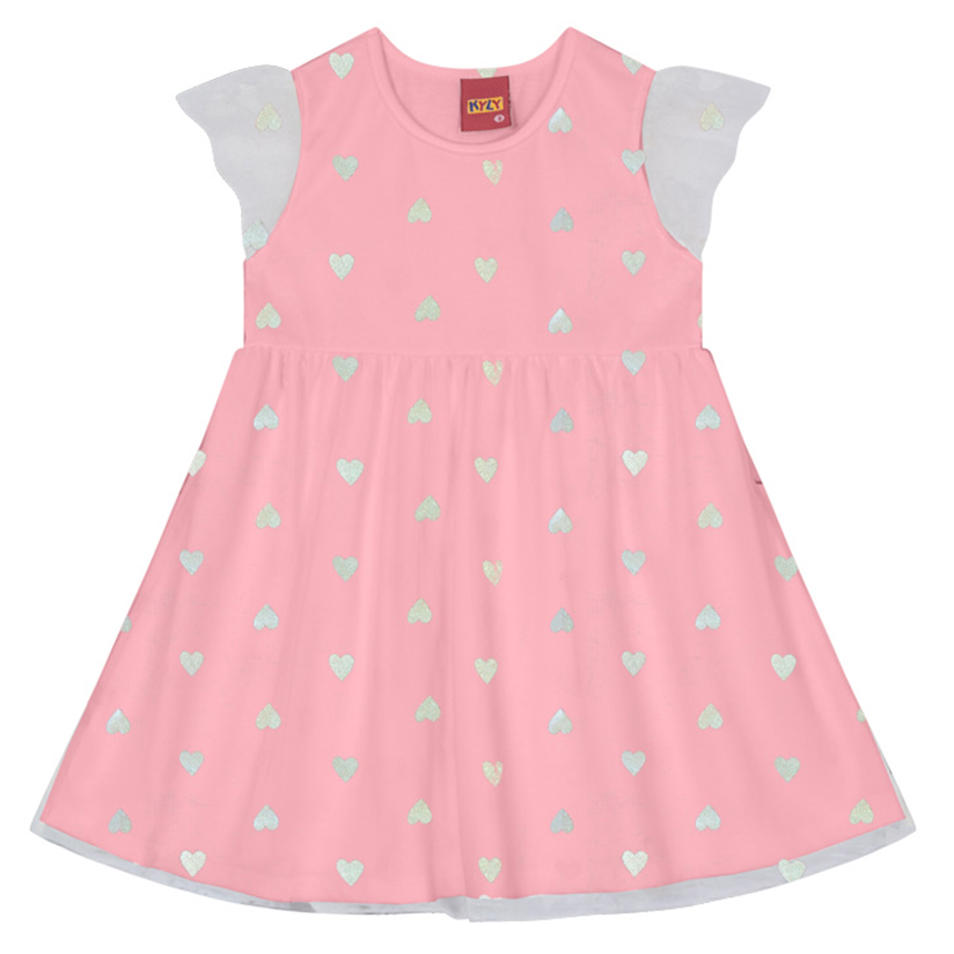 Vestido Infantil Kyly Estampa Corações E Manga Em Tule