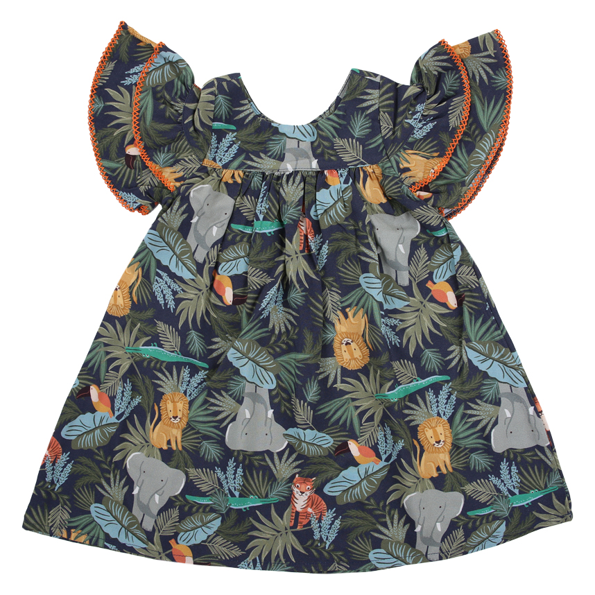 Vestido Infantil Kookabu Babados E Picueta Estampa Selva