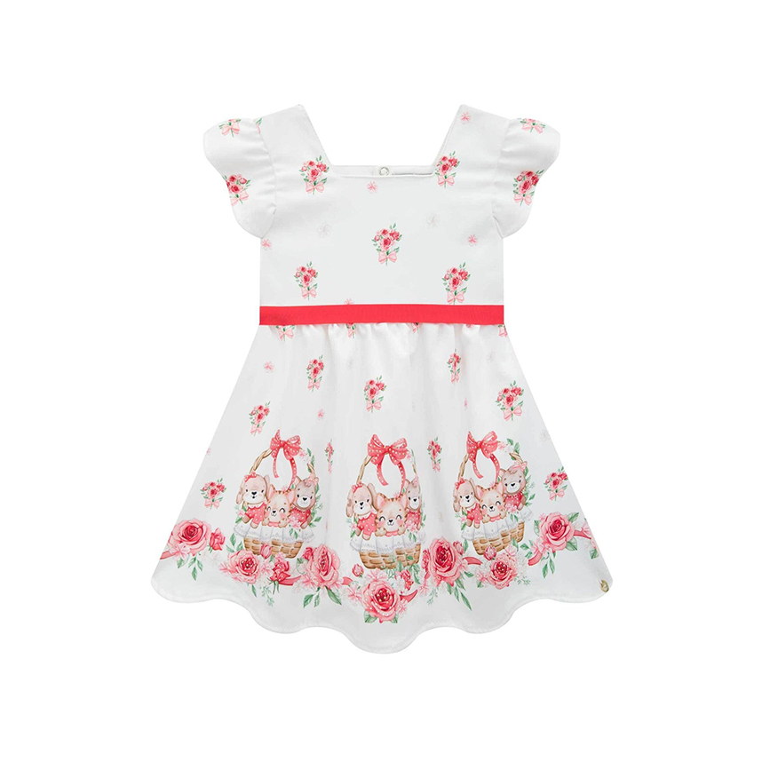 Vestido Bebê Infanti Super Cetim Estampa Flores E Bichinhos