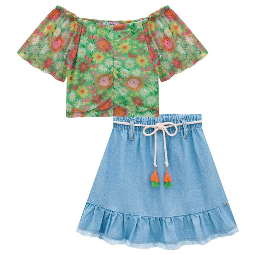 Conjunto Infantil Kukiê Blusa Tule Estampa Flores