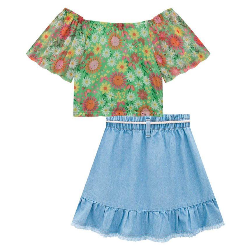 Conjunto Infantil Kukiê Blusa Tule Estampa Flores