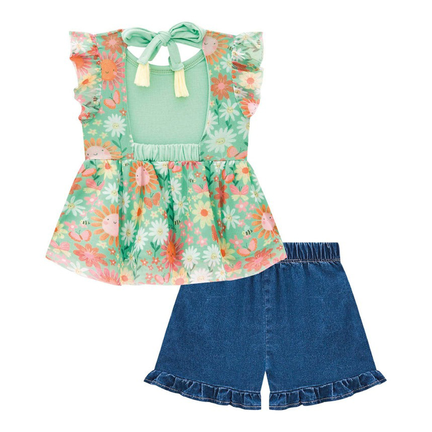 Conjunto Infantil Kukiê Bata Tule Comfy Estampa Flores