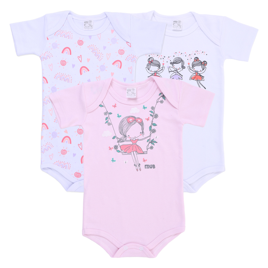 Kit Body Manga Curta Bebê Mub Menina - 3 Peças Kit Body Manga Curta Bebê Mub Menina - 3 Peças