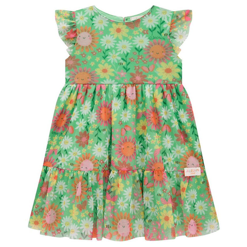 Vestido Infantil Kukiê Em Tule Comfy Estampa Florzinhas