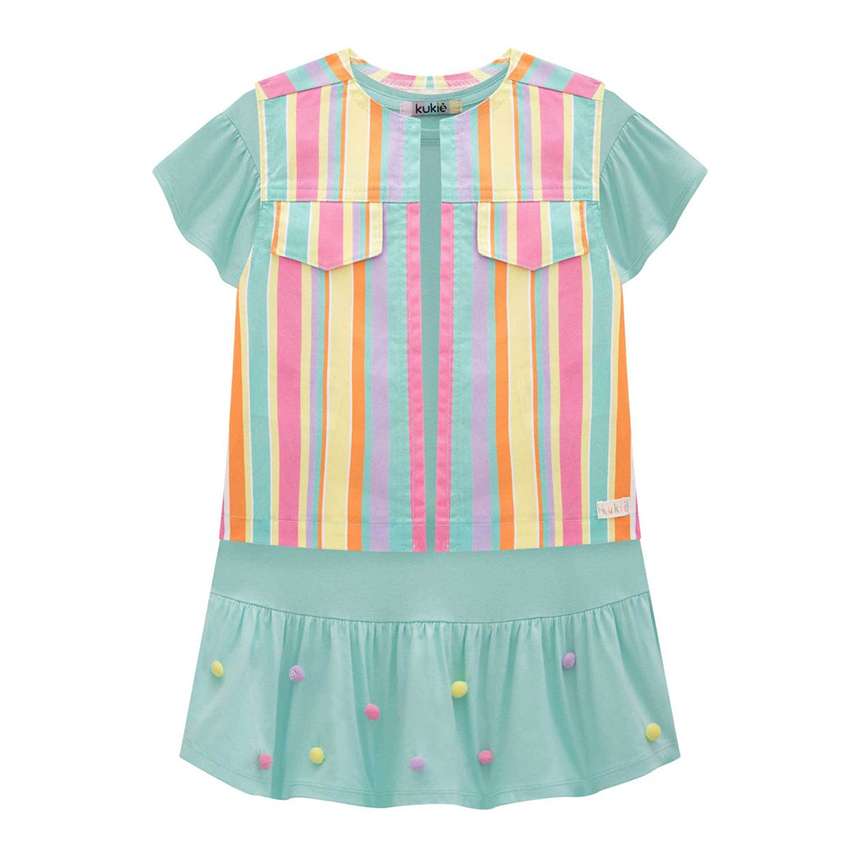 Vestido Infantil Kukiê Meia Malha Com Colete Sarja Colorido