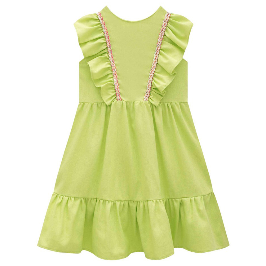 Vestido Infantil Kukiê Em Viscose Linho Com Babados