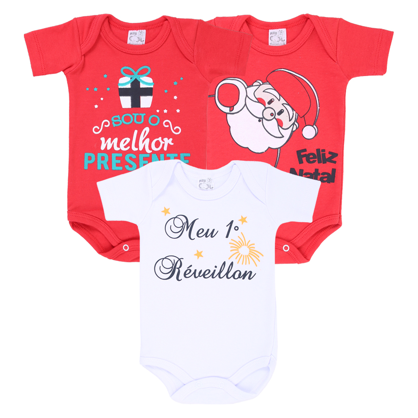 Kit Body Manga Curta Bebê Mub Natal E Réveillon - 3 Peças