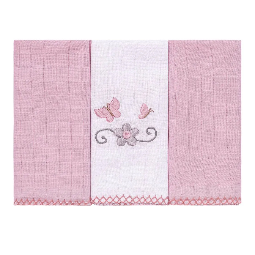 Kit Pano De Boca Baby Joy Bordado Borboleta 03 Peças Kit Pano De Boca Baby Joy Bordado Borboleta 03 Peças
