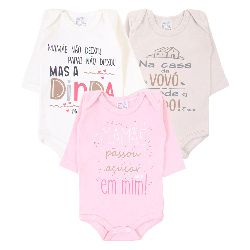 Kit Body Manga Longa Bebê Mub Estampado Frases - 3 Peças Kit Body Manga Longa Bebê Mub Estampado Frases - 3 Peças