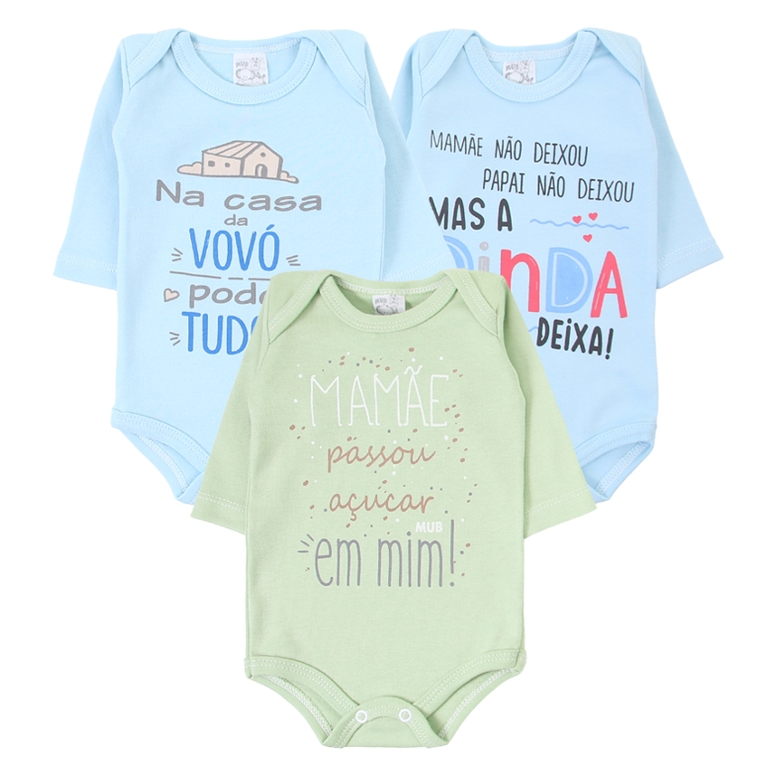 Kit Body Manga Longa Bebê Mub Estampado Frases - 3 Peças Kit Body Manga Longa Bebê Mub Estampado Frases - 3 Peças