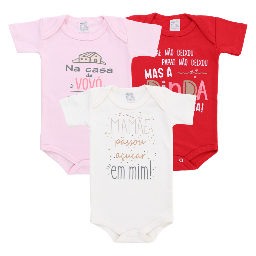 Kit Body Manga Curta Bebê Mub Estampado Frases - 3 Peças