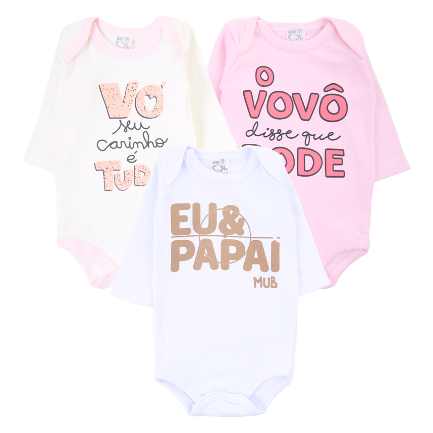 Kit Body Manga Longa Bebê Mub Estampado Frases - 3 Peças