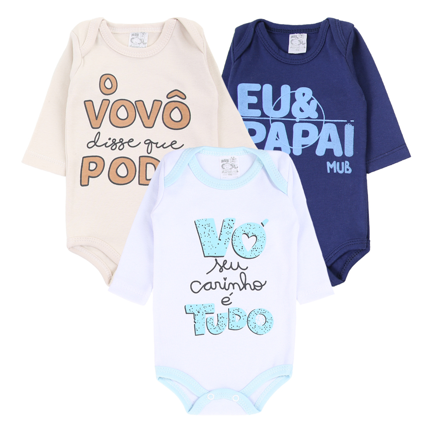 Kit Body Manga Longa Bebê Mub Estampa Frases - 3 Peças