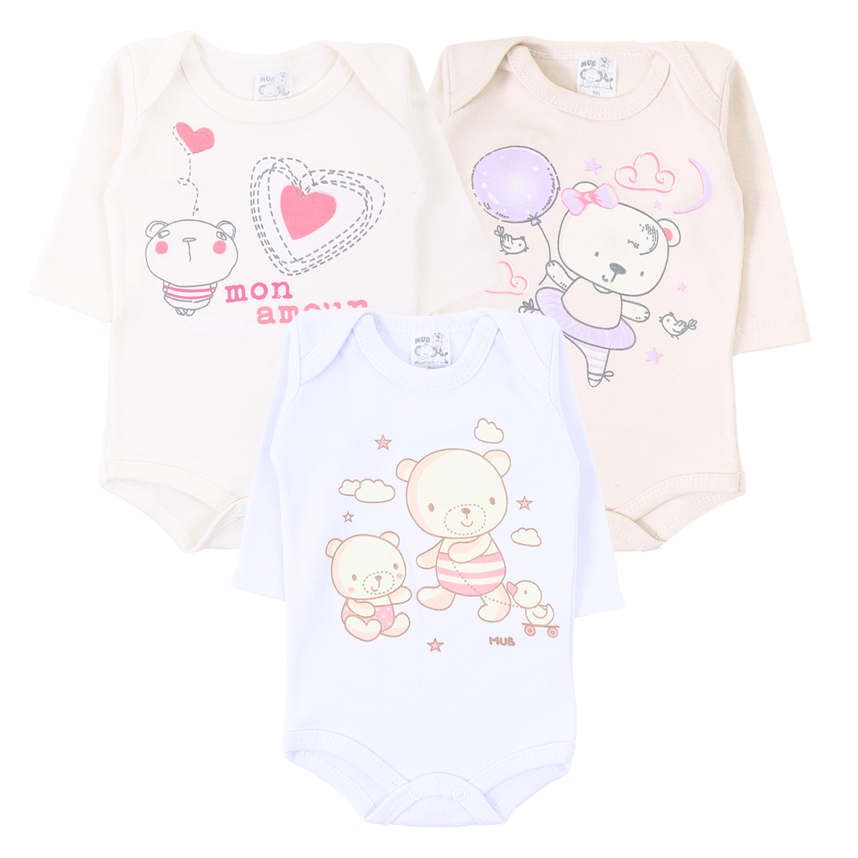 Kit Body Manga Longa Bebê Mub Estampado - 3 Peças