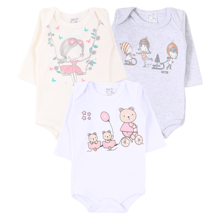 Kit Body Manga Longa Bebê Mub Estampado - 3 Peças